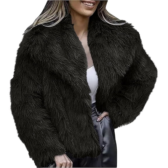 AOIROE Women's Fur & Faux Fur Jackets & Coats,Fall Coats,Womens Coat Lapel Open Front Shaggy Jacket,Winter Warm Furry Overcoat,Women's Jackets & Coats,Fuzzy Sweater,Fur Coat,Black,XL