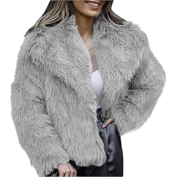 AOIROE Women's Fur & Faux Fur Jackets & Coats,Fall Coats,Womens Coat Lapel Open Front Shaggy Jacket,Winter Warm Furry Overcoat,Women's Jackets & Coats,Fuzzy Sweater,Fur Coat,Light Ashy,XS
