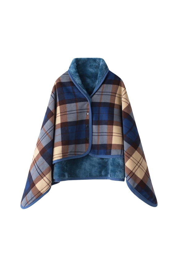 Women's Winter Coral Fleece Double Layer Shawl,Fall Fashion Must Haves,Plaid Checkered Shawl,Wrap Throw for office,Shawl Wraps for Women,Cozy Plush Blanket Poncho Cape,Blue,B