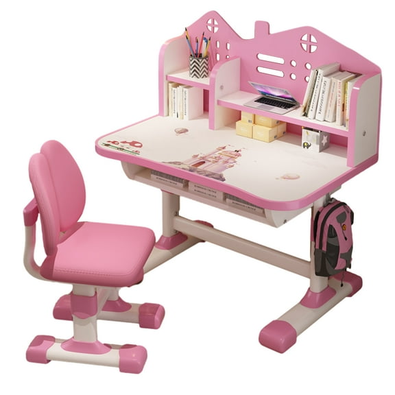 AOJA 2Pcs/Set Kids' Study Desk Chair Sets, Pink, Cartoon Pattern Adjustable Height Study Drawer Table for Kids Bedroom