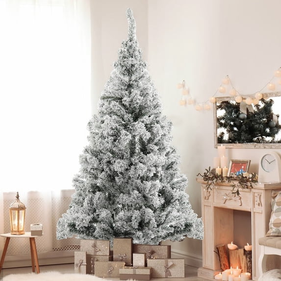 AOJA 6ft Premium Snow Flocked Artificial Christmas Tree Hinged Pine Full Holiday Xmas Tree for Home Office Party Decoration with Multi Branch Tips and Foldable Stand, White
