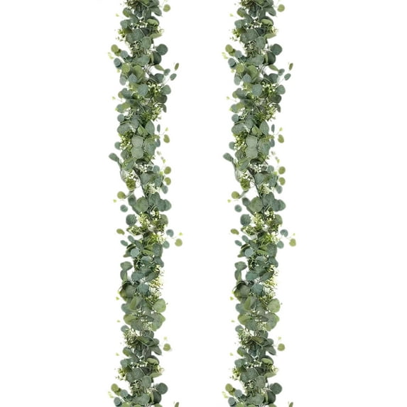 AOJA Faux Eucalyptus Garland with White Blooms - Lifelike Hanging Greenery for Walls, Mantel & Holiday Home Decor,2pcs