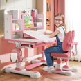 thumbnail image 1 of AOJA Kids Desk and Chair Set, Height Adjustable Study Desk with 50° Tilt Desktop, Bookshelf & Organizer Drawer, Ergonomic Children's Learning Table for Bedroom (Pink), 1 of 8