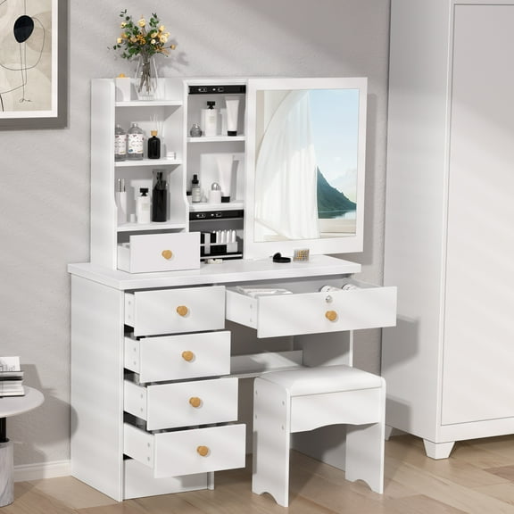 AOJA Vanity Desk with Sliding Mirror, Bedroom Dressing Table, Makeup Desk with 6 Drawers for Women, Girls