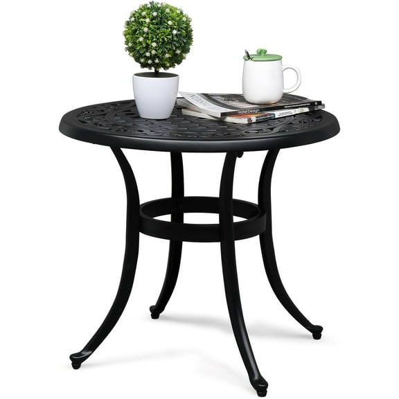 AOJDVE 24” Cast Aluminum Outdoor Side Table, All Weather Round Patio Side Table End Table for Porch Backyard Balcony Outside (Black)