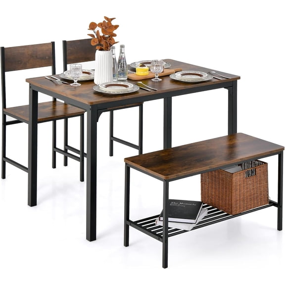 AOJDVE Dining Table Set for 4, Kitchen Table with Bench and Chairs, Industrial Gathering Bench Dining Set W/Metal Frame & Storage Rack, Dinette Set, Modern Functional Desk Set (Coffee)