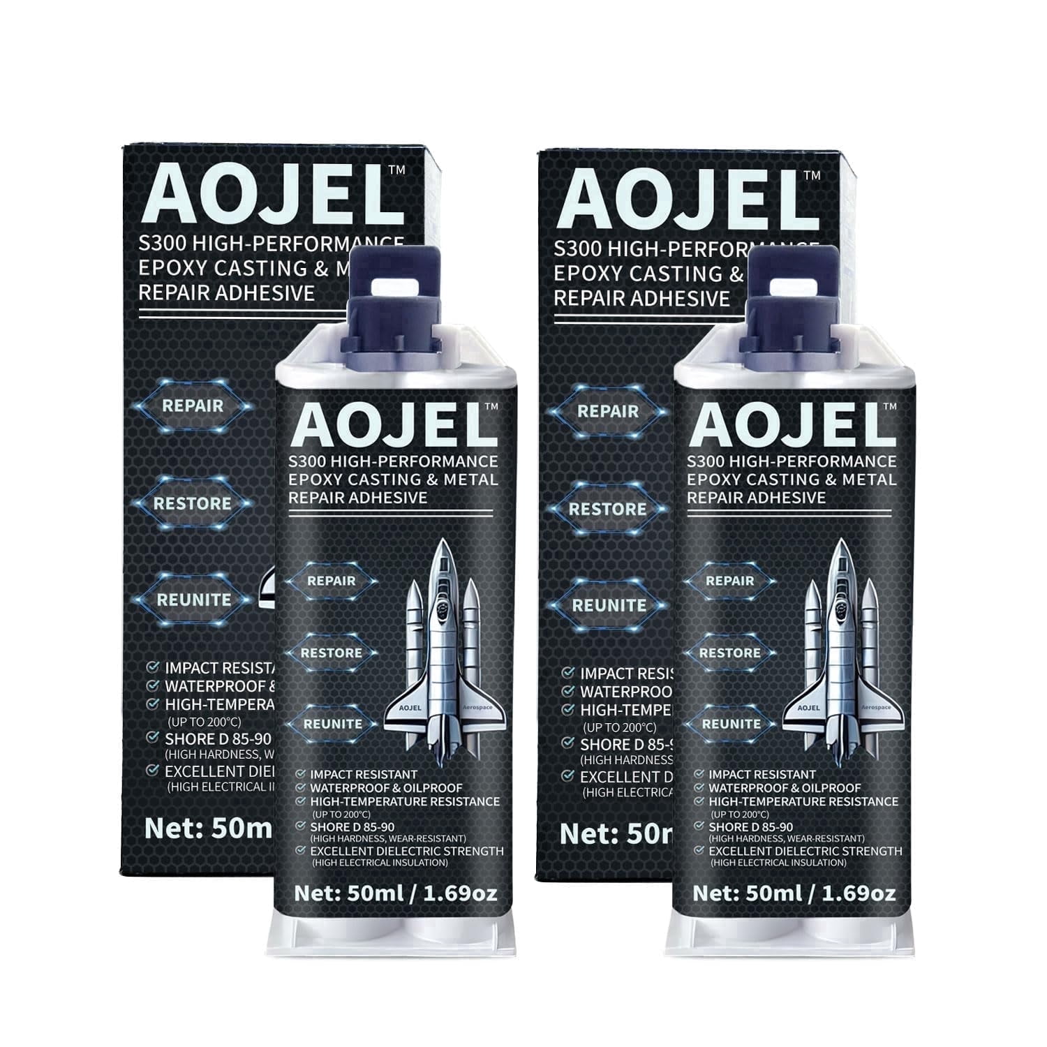 AOJEL S300 Metal Epoxy Adhesive, 2-Part Repair Glue for Metal & Aluminum, 2-Pack, 3.38 oz