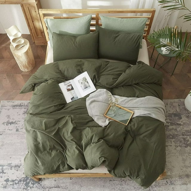 AOJIM Army Green Bedding Sets Full Size, 100 Washed Cotton Duvet Cover