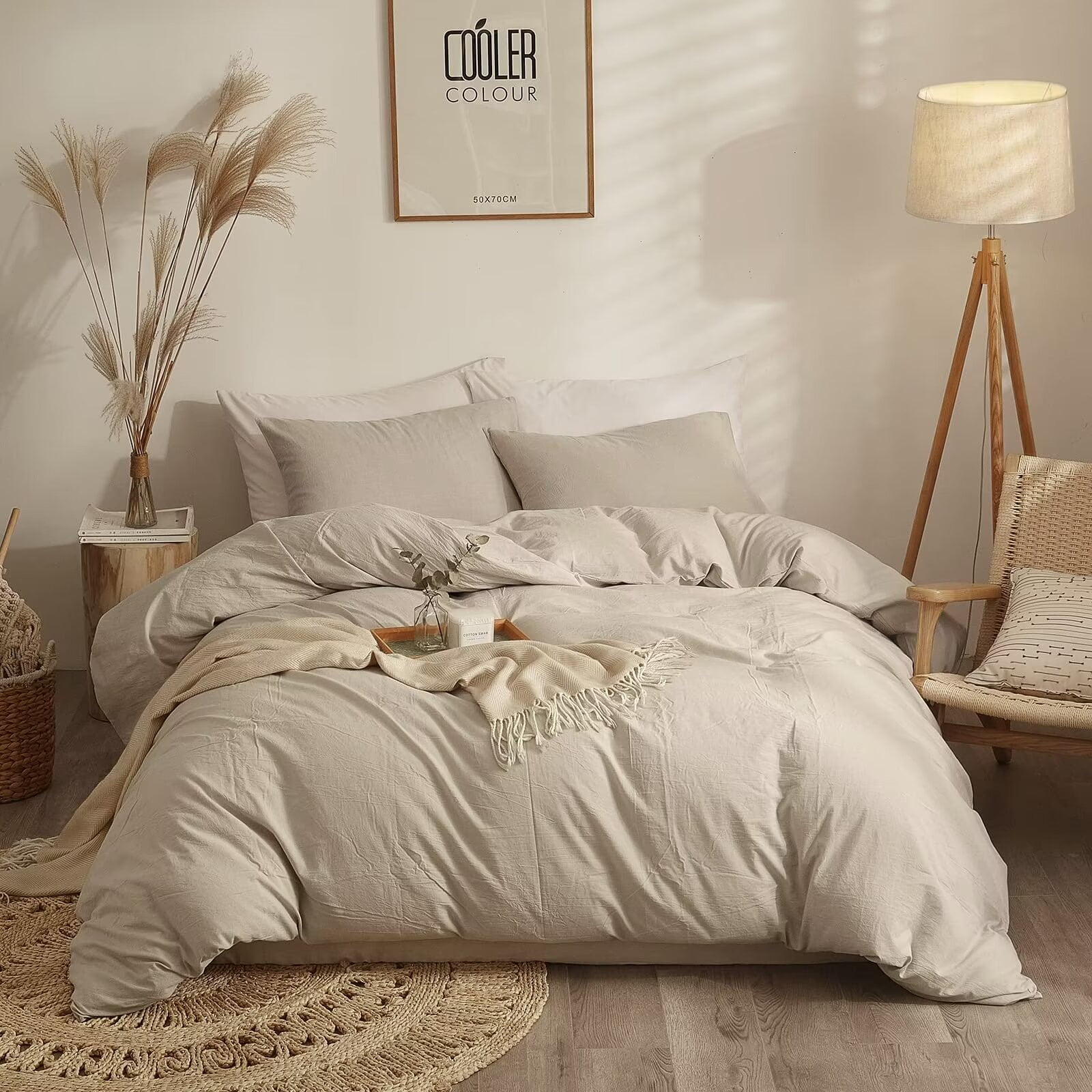 Beige Queen Cotton Duvet Cover Set with Pillowcases