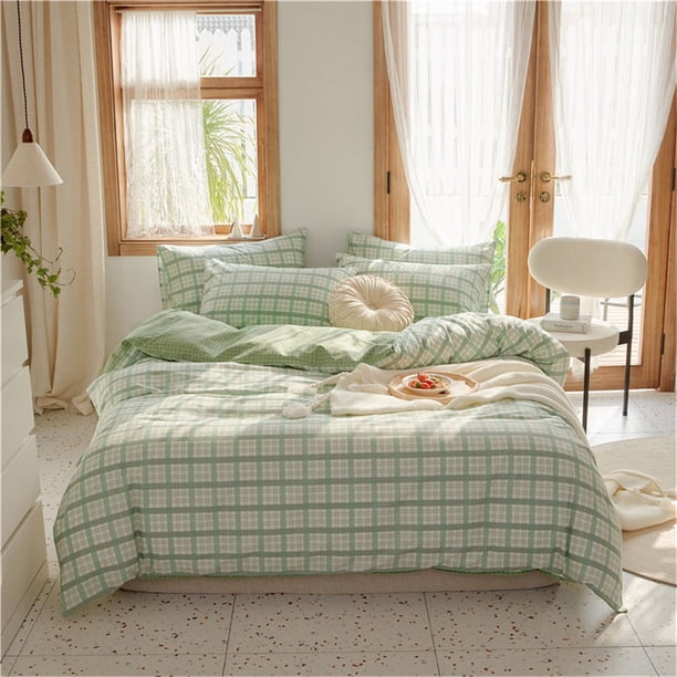AOJIM Green Plaid Duvet Cover Twin Size, Soft 100 Cotton 500 Thread