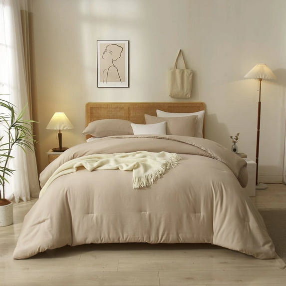 AOJIM Khaki Comforter Set King Size 3 Pieces Farmhouse Bedding Set Lightweight Breathable Khaki Down Alternative Comforter Set Soft Fluffy Bed Set for Men Women (1 Khiki Comforter 2 Pillowcases)