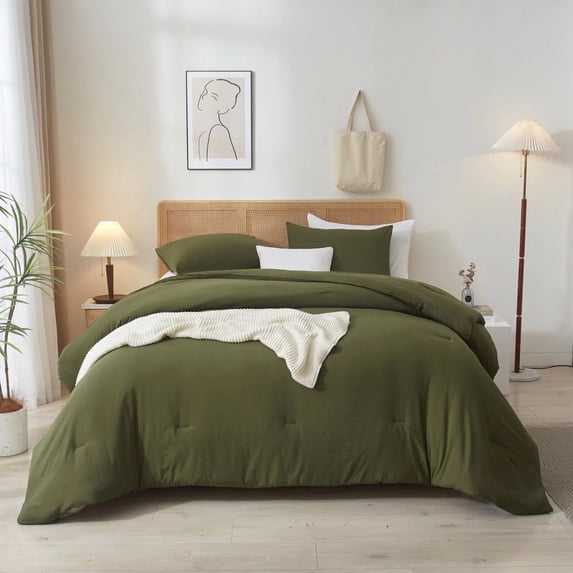 AOJIM Olive Green Comforter Set King Size, 1 King Size Duvet Insert with 2 Pillowcases, Lightweight Bed Set for All Seasons, Simple Boho Bedspread Blanket