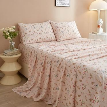 AOJIM Queen Bed Sheets Set, 4 Pieces Floral Bedding, Hotel Luxury Fitted Sheet Set for Queen Size Bed, Blush Floral