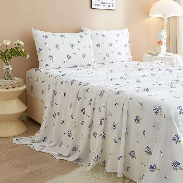 AOJIM Twin Floral Bed Sheets Pillowcase Set 3 Pieces Fitted Sheet Twin Flat Sheet Twin 1 Pillowcase Lavender Floral
