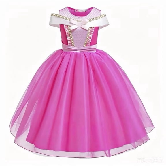 AOKAOK Girls Pink Tulle Party Dress, Fancy Ball Gown with Bow Detail Layered Mesh, Birthday Halloween Special Occasions, 8-9Y