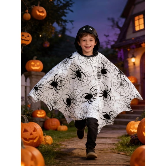 AOKAOK Kids Halloween Spider Web Cape, Hooded Spider Costume with Cobweb Print Poncho for Toddler Boys & Girls, Cosplay Dress up