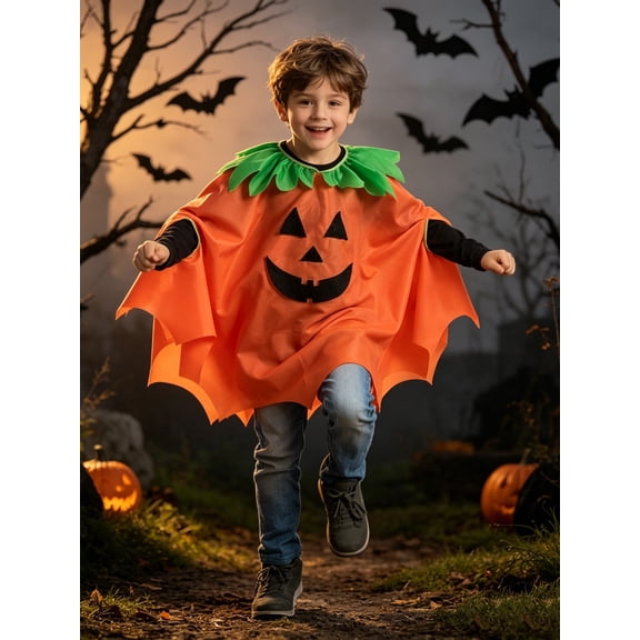 AOKAOK Toddler Pumpkin Halloween Costume Cape, Kids Jack-O-Lantern Poncho with Green Leaf Collar for Boys & Girls, Cosplay Dress up