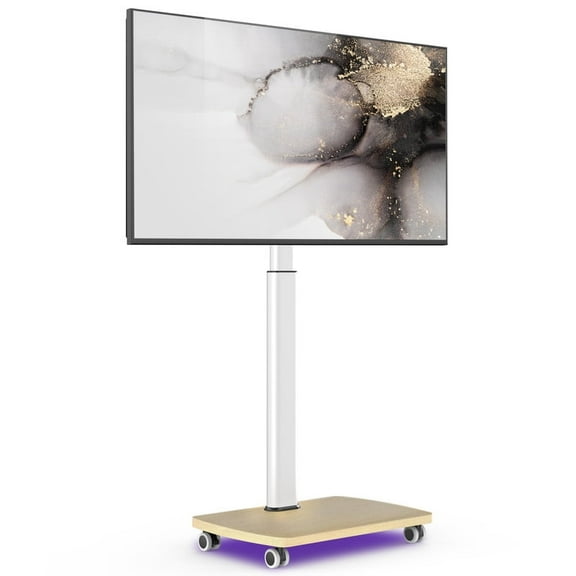 AOKCOS Modern Rolling TV Stand with Wheels for 43 to 75 inch TVs,Remote control lighting,White