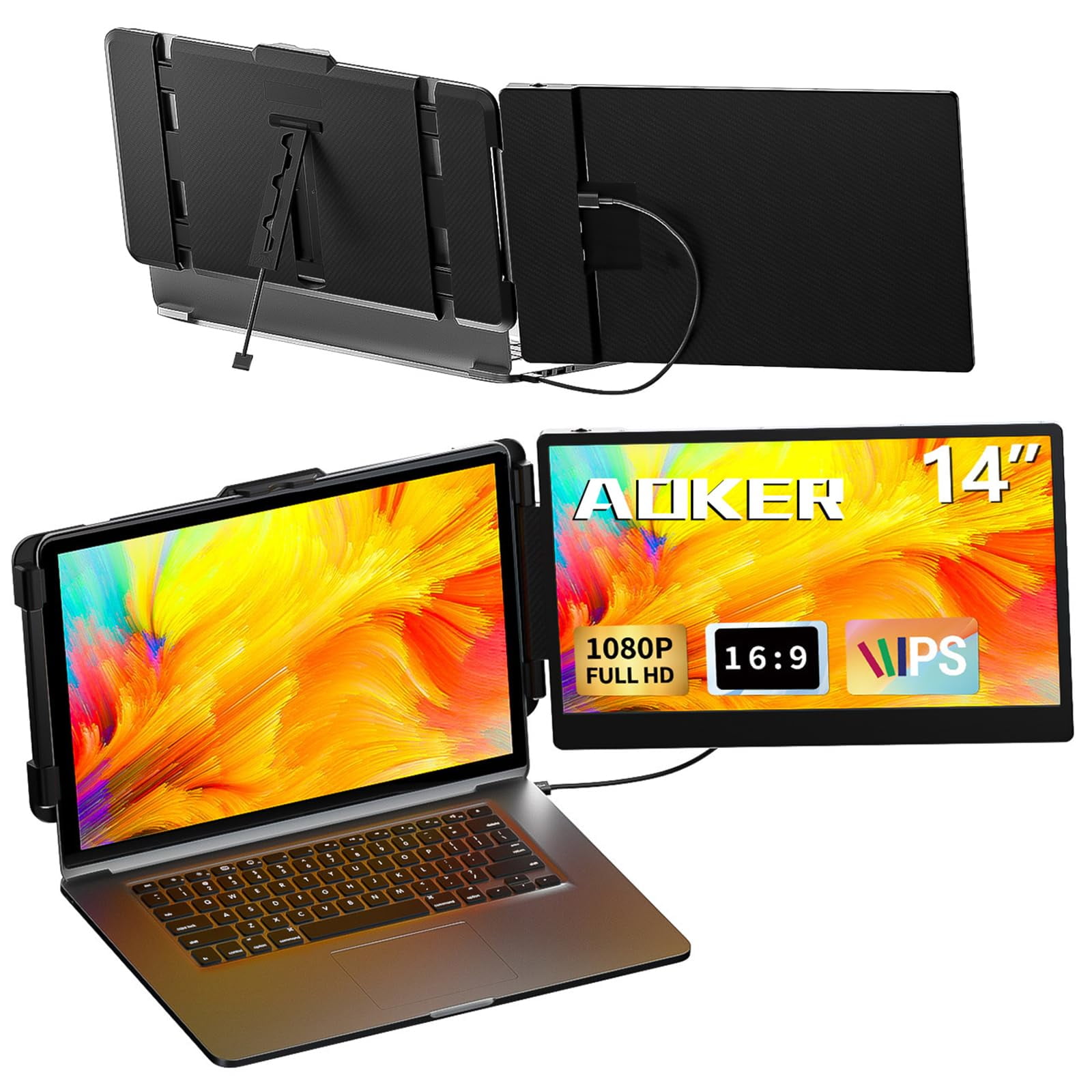 AOKER 14" FHD IPS Laptop Screen Extender Monitor, Black, S1