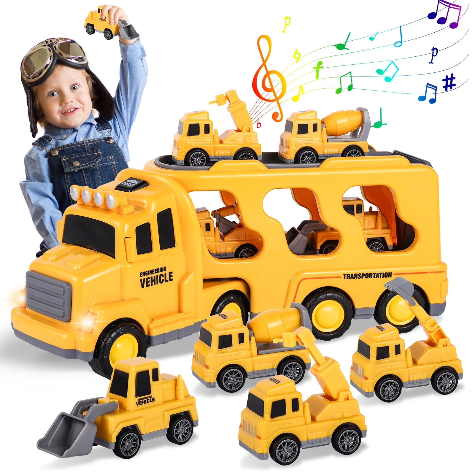 AOKESI 5 in 1 Carrier Truck Transport Cars Toy for Toddlers, Friction
