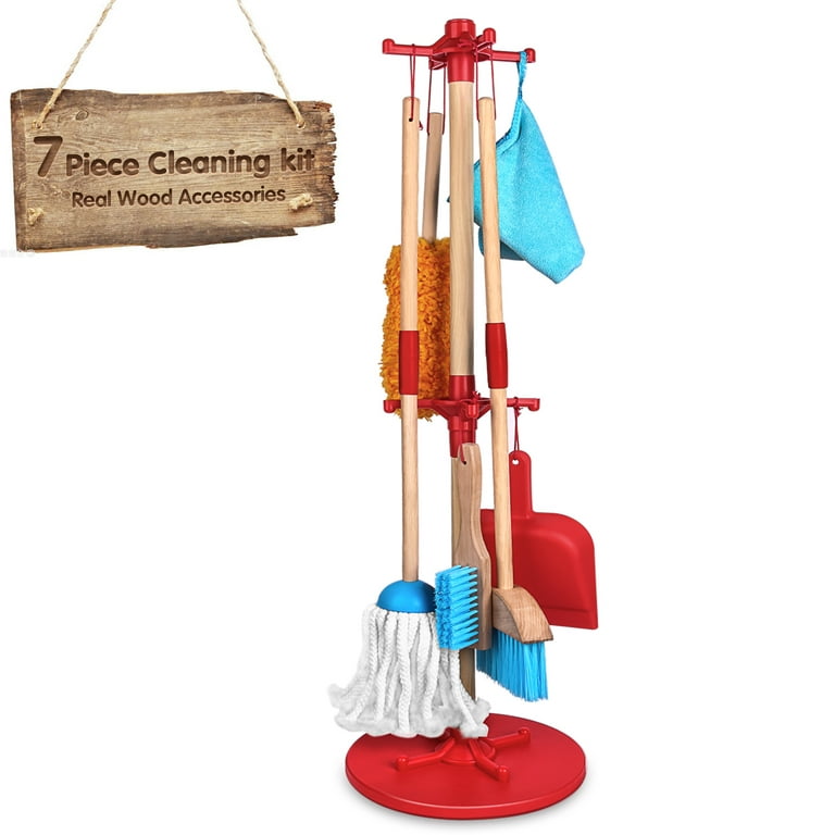 7 Pack Cleaning Set Kid's Housekeeping Tools Kitchen Toys,Includes Mop  Broom,Dust-pan,Brush,Apron,Rag,Chenille Duster Boy Girl Career Role Play