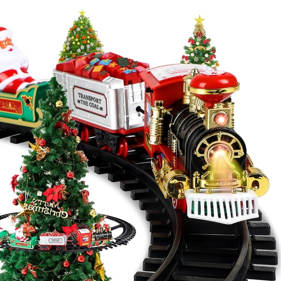 AOKESI Christmas Train Sets , Battery Operated Electric Train Around Christmas Tree with Light Sound, Railway Train Set Toy Gifts for Kids