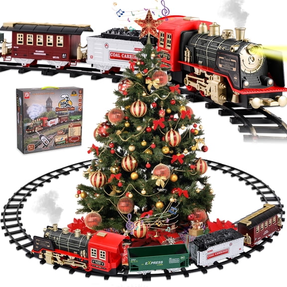 AOKESI Electric Train Set Around The Christmas Tree with Smoke, Sound & Light, Remote Control Train Toys Kids Rechargeable Electric Train for Kids Age 3-8, Black
