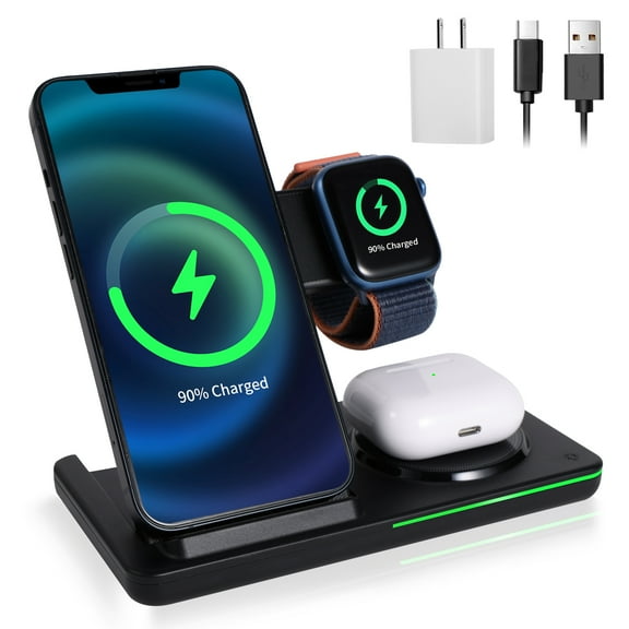 AOKESI Foldable Wireless Charger with 18W Adapter, 15W Fast Charging Station 3 in 1 Wireless Charger Compatible with iWatch 8/7/6/SE/5/4, AirPods 3/2/1/Pro, iPhone 15 14 13 12 11 Series, Black