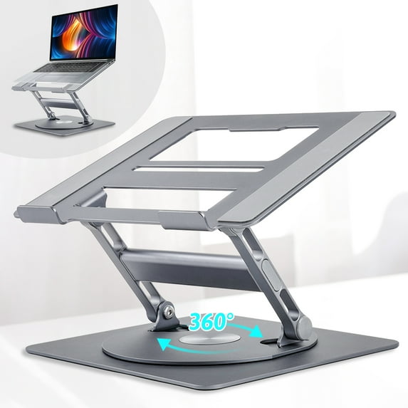 AOKESI Laptop Stand for Desk, Adjustable Computer Stand with 360° Rotating Base, Ergonomic Laptop Riser Aluminum Foldable Notebook Computer Holder Stand Fits for All 10-16" Laptops, Silver/Gray