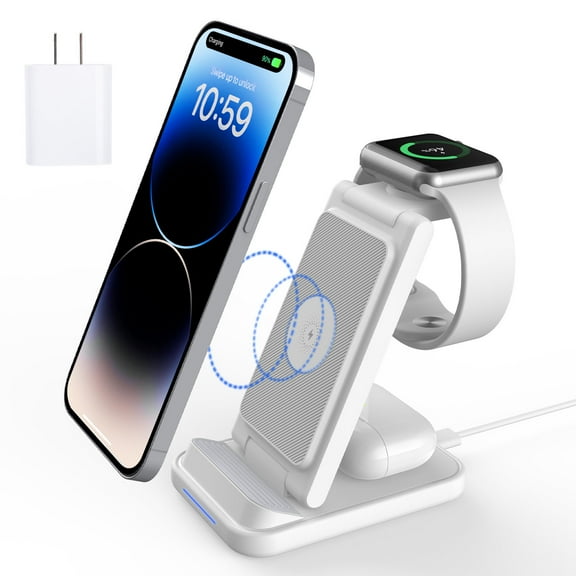 AOKESI Wireless Charging Station, 3 in 1 Wireless Charger 15W Fast Wireless Charger Dock Station with 18W Adapter Fit for iPhone 15 14 13 12 Pro Max, AirPods 3/2/pro, iWatch Series 7/6/5/SE, White