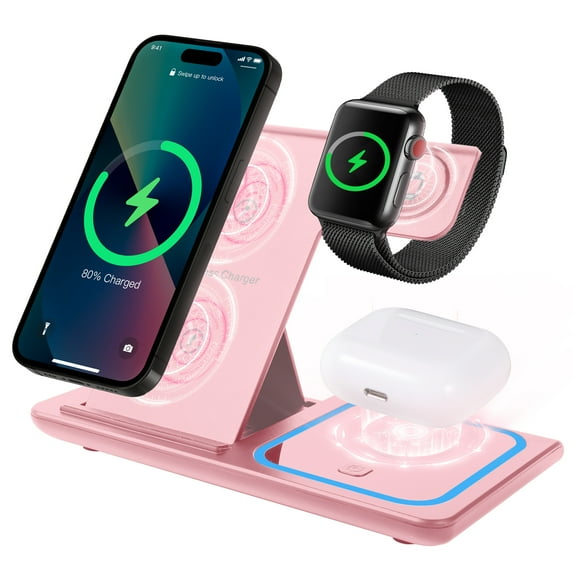 AOKESI Wireless Charging Station, 3 in 1 Wireless Charger with 18W Adapter, 15W Fast Wireless Charging Dock Fit for iPhone 15 14 13 12 11 Pro Max Plus, iWatch 8 7 6 5 4 3, AirPods 3 2 Pro, Pink
