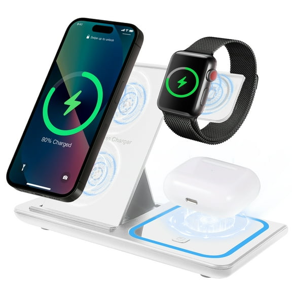 AOKESI Wireless Charging Station, 3 in 1 Wireless Charger with 18W Adapter, 15W Fast Wireless Charging Dock Fit for iPhone 15 14 13 12 11 Pro Max Plus, iWatch 8 7 6 5 4 3, AirPods 3 2 Pro, White