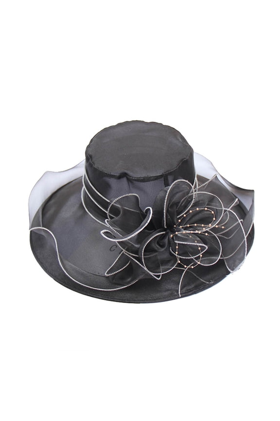 Sun Hat Black Floral Organza Wide Brim Church Fascinator Lady Tea Party Sun Hat