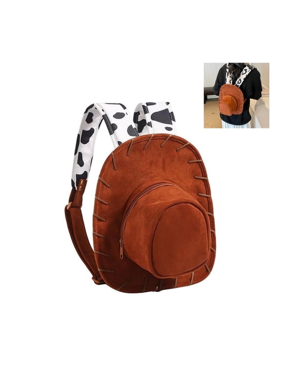 Cowboy Hat Backpack, Brown Hat Shaped Backpack, Microsuede Shoulder Bag with Cow Print Strap, for Travel School Casual Gift