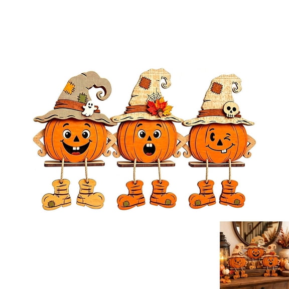 AOKISEN Halloween Pumpkin Shelf Set of 3, Mantel Table Decor, Wooden Pumpkins with Witch Hats and Dangling Legs, for Table Shelf Window
