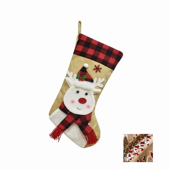 AOKISEN Reindeer Christmas Stocking, Burlap Plaid Embroidered Xmas Stocking with Hanging Loop, Large Holiday Stocking Decor