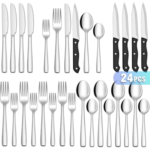AOKIWO 24PCS Silverware Set with Steak Knives, Stainless Steel Mirror Polished Forks Spoons Flatware