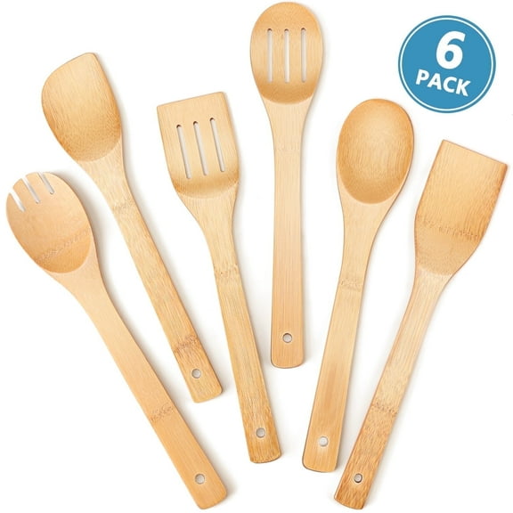 Wooden Spoons for Cooking, AOKIWO 6Pcs Banboo Spatula Spoon Tongs Utensils Set for Kitchen Cookware