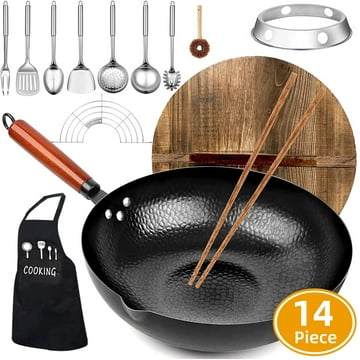 AOKIWO Carbon Steel Wok Pan, 14 Piece Woks & Stir-Fry Pans Set with Wooden Lid & Cookwares, Non-Stick Flat Bottom Chinese Woks Pan for Induction, 12.6''