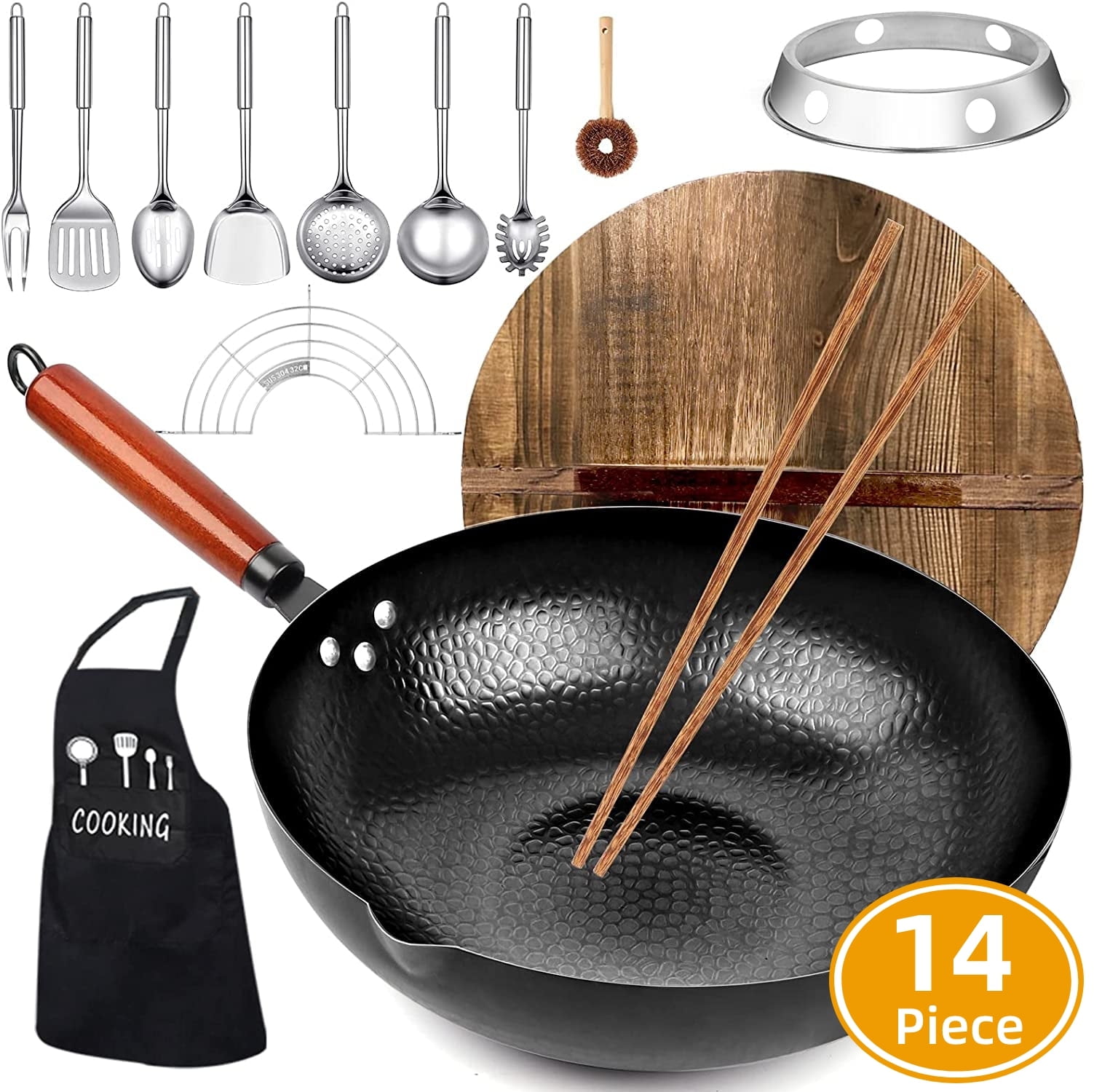 AOKIWO Carbon Steel Wok Pan, 14 Piece Woks & StirFry Pans Set with