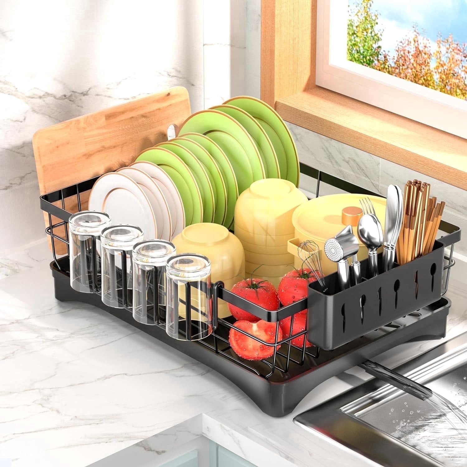 Dish Drying Rack, AOKIWO Kitchen Counter Stainless Steel Large 1 Tier Dish Drainer with Drainboard Over Sink for Cups, Knives, Spoons, and Forks (L16.9"*W12.5")