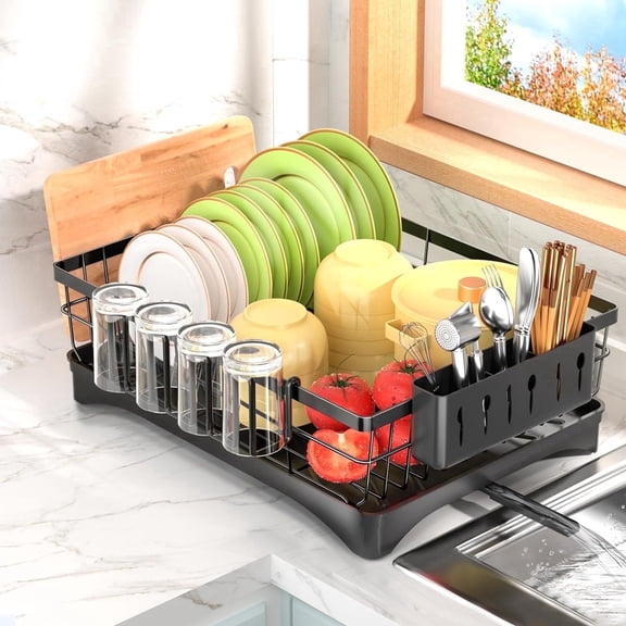 Dish Drying Rack, AOKIWO Kitchen Counter Stainless Steel Large 1 Tier Dish Drainer with Drainboard Over Sink for Cups, Knives, Spoons, and Forks (L16.9"*W12.5")