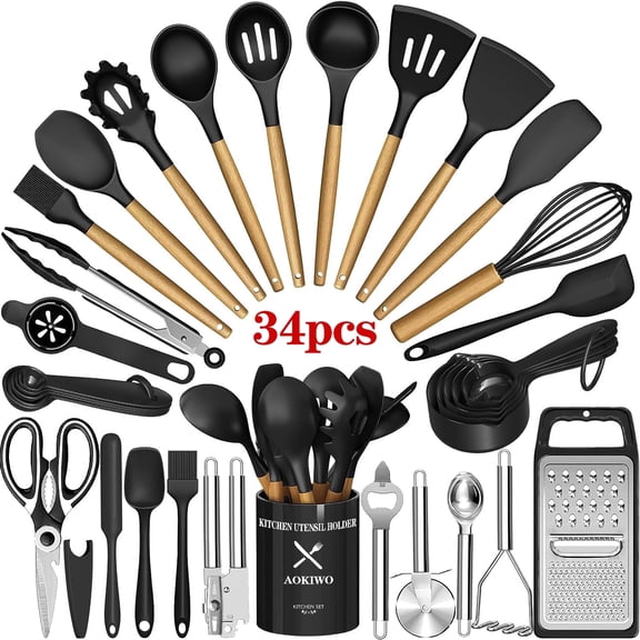 Kitchen Utensil Set, AOKIWO 34Pieces Silicone Cooking Utensil Set with Wooden Handle, Heat Resistant Spatula Set Gadgets Tools Cookware, Black