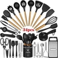 thumbnail image 1 of Kitchen Utensil Set, AOKIWO 34Pieces Silicone Cooking Utensil Set with Wooden Handle, Heat Resistant Spatula Set Gadgets Tools Cookware, Black, 1 of 7