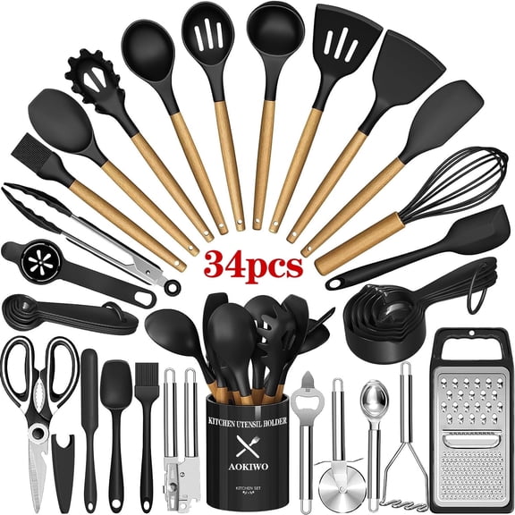 Kitchen Utensil Set, AOKIWO 34Pieces Silicone Cooking Utensil Set with Wooden Handle, Heat Resistant Spatula Set Gadgets Tools Cookware, Black