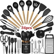 Kitchen Utensil Set, AOKIWO 34Pieces Silicone Cooking Utensil Set with Wooden Handle, Heat Resistant Spatula Set Gadgets Tools Cookware, Black