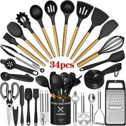 AOKIWO Kitchen Utensils Set- 34PCS Silicone Cooking Utensil Set with Wooden Handles, Heat Resistant Kitchen Spatula Gadgets Tools Set for Nonstick Cookware-Black