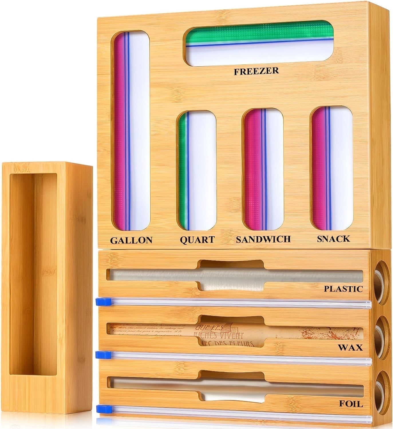 9 in 1 Kitchen Bag Storage Organizer, AOKIWO Bamboo Ziplock Foil and Plastic Wrap Organizers with Cutter for Kitchen Drawer, Compatible Gallon, Quart, Sandwich Snack Size - Walmart.com