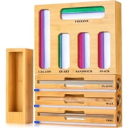 9 in 1 Kitchen Bag Storage Organizer, AOKIWO Bamboo Ziplock Foil and Plastic Wrap Organizers with Cutter for Kitchen Drawer, Compatible Gallon, Quart, Sandwich 
