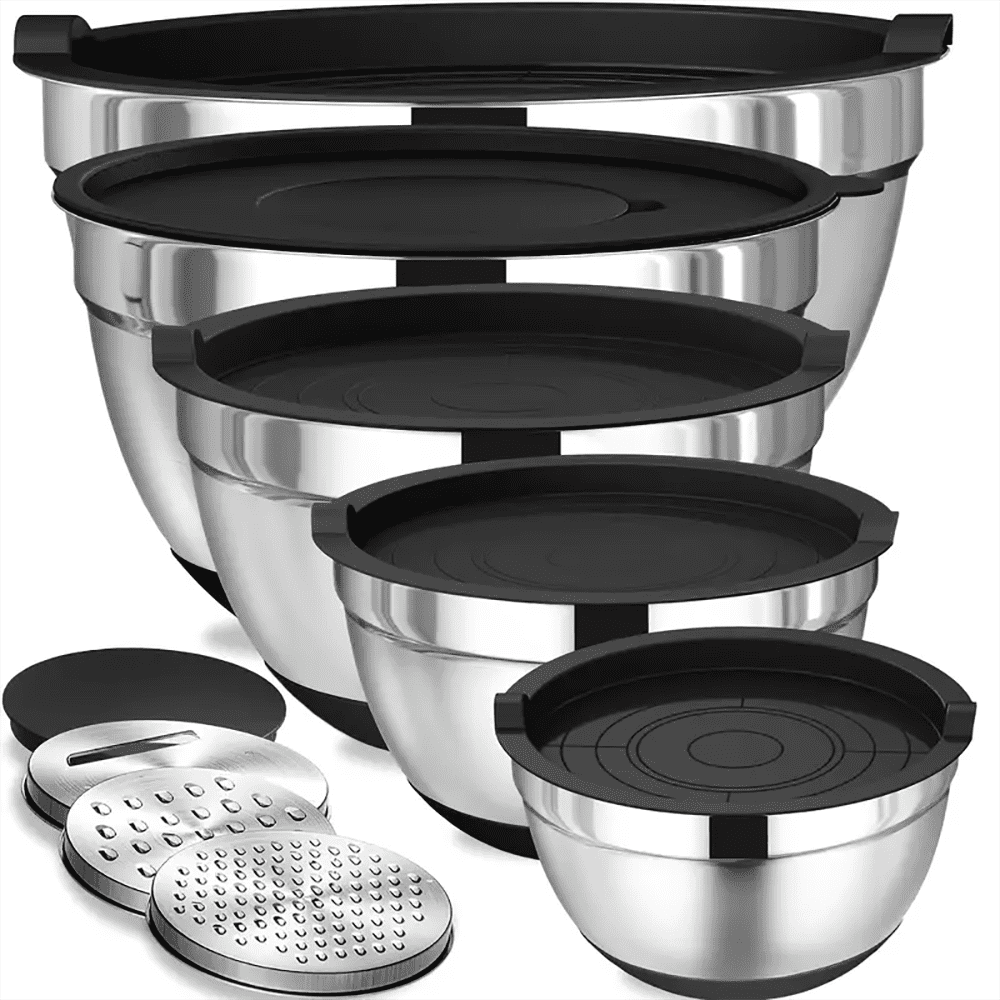 AOKIWO Mixing Bowls with Airtight Lids, 8PCS Stainless Steel Bowls Set with 3 Grater Attachments, Kitchen Bowls with Non-Slip Bottoms, Size 5, 4, 3.5, 2, 1.5 QT for Mixing & Serving, Black - Walmart.com